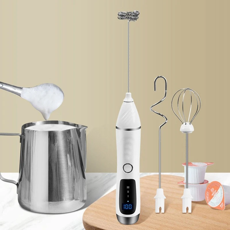 

Handheld Milk Frother For Coffee, Rechargeable Drink Mixer With 3 Heads 3 Speeds Electric Whisk Coffee Frother For Latte Durable