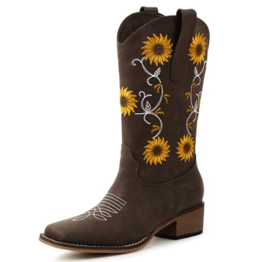 

Cowboy Boots for Women Square Toe Mid Calf Western Cowgirl Boots with Sunflower Embroidery, Chunky Heel, Pull On Design