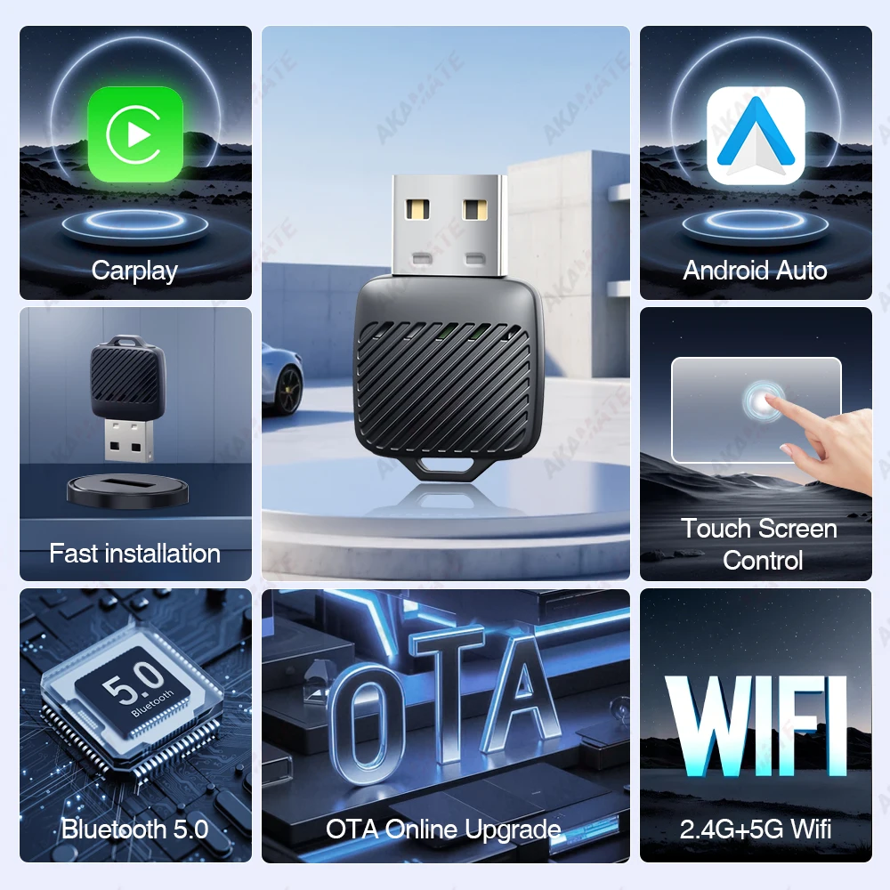 Мини-беспроводной адаптер CarPlay для оригинального автомобильного радиоприемника, проводной CarPlay Android Auto к беспроводному Plug and Play Type-C USB