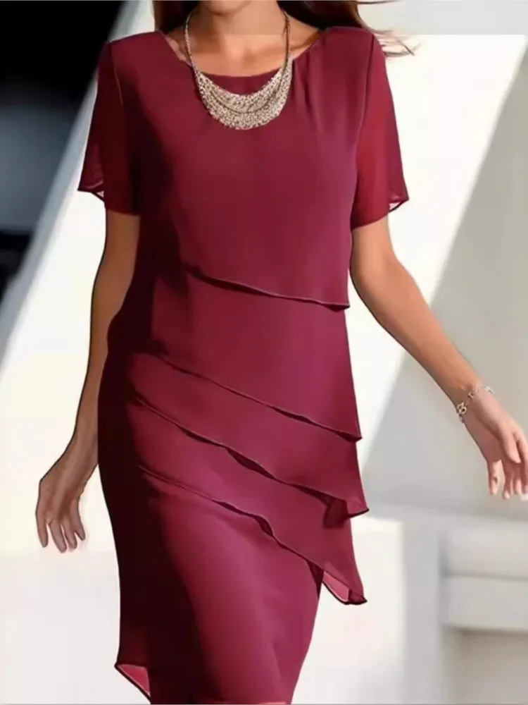 Spring Summer Women\'s New Solid Color Short Sleeved Fashionable Flash Ruffle Edge Round Neck Casual Comfortable Dress