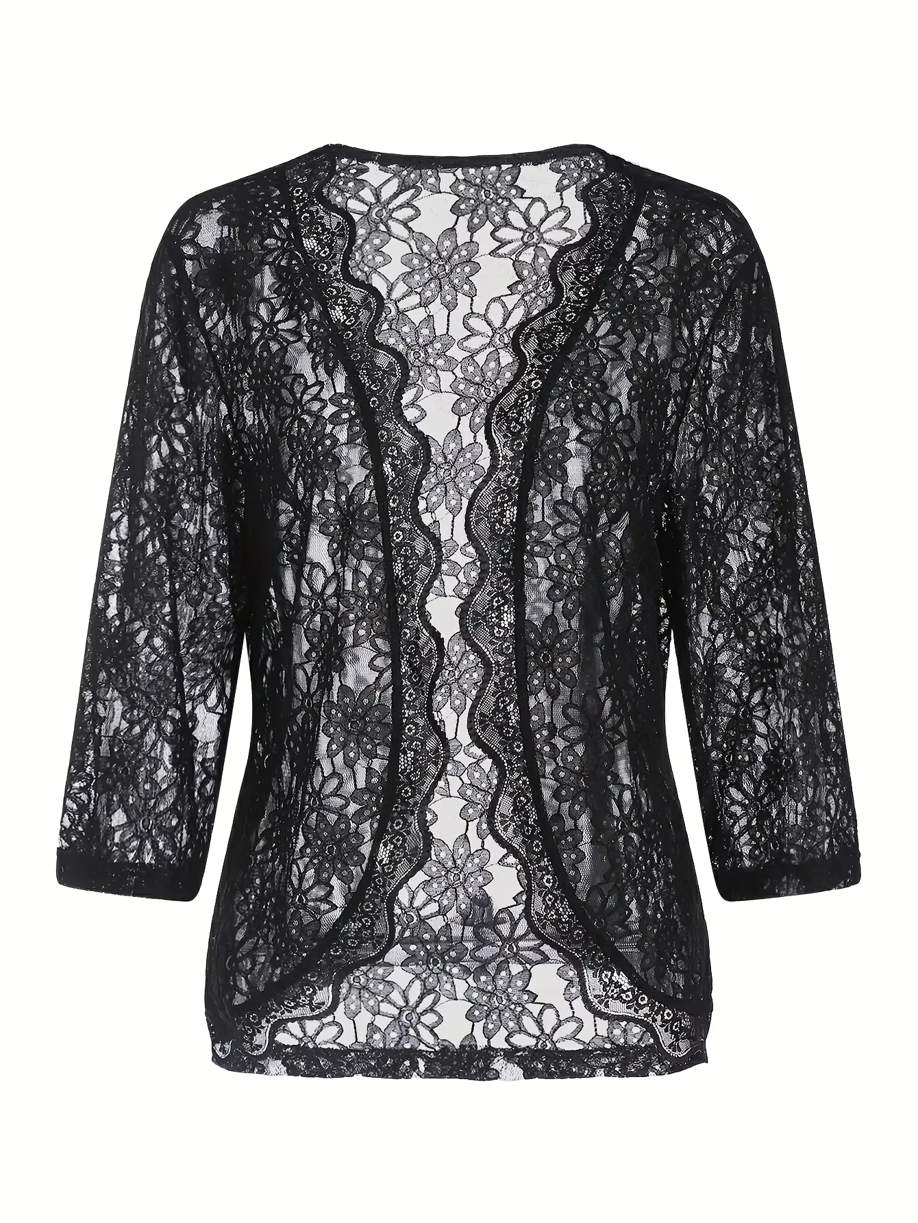 Translucent Floral Embroidered Cardigan Classic Plus Size Cardigan for Women with Scalloped Edges image 3