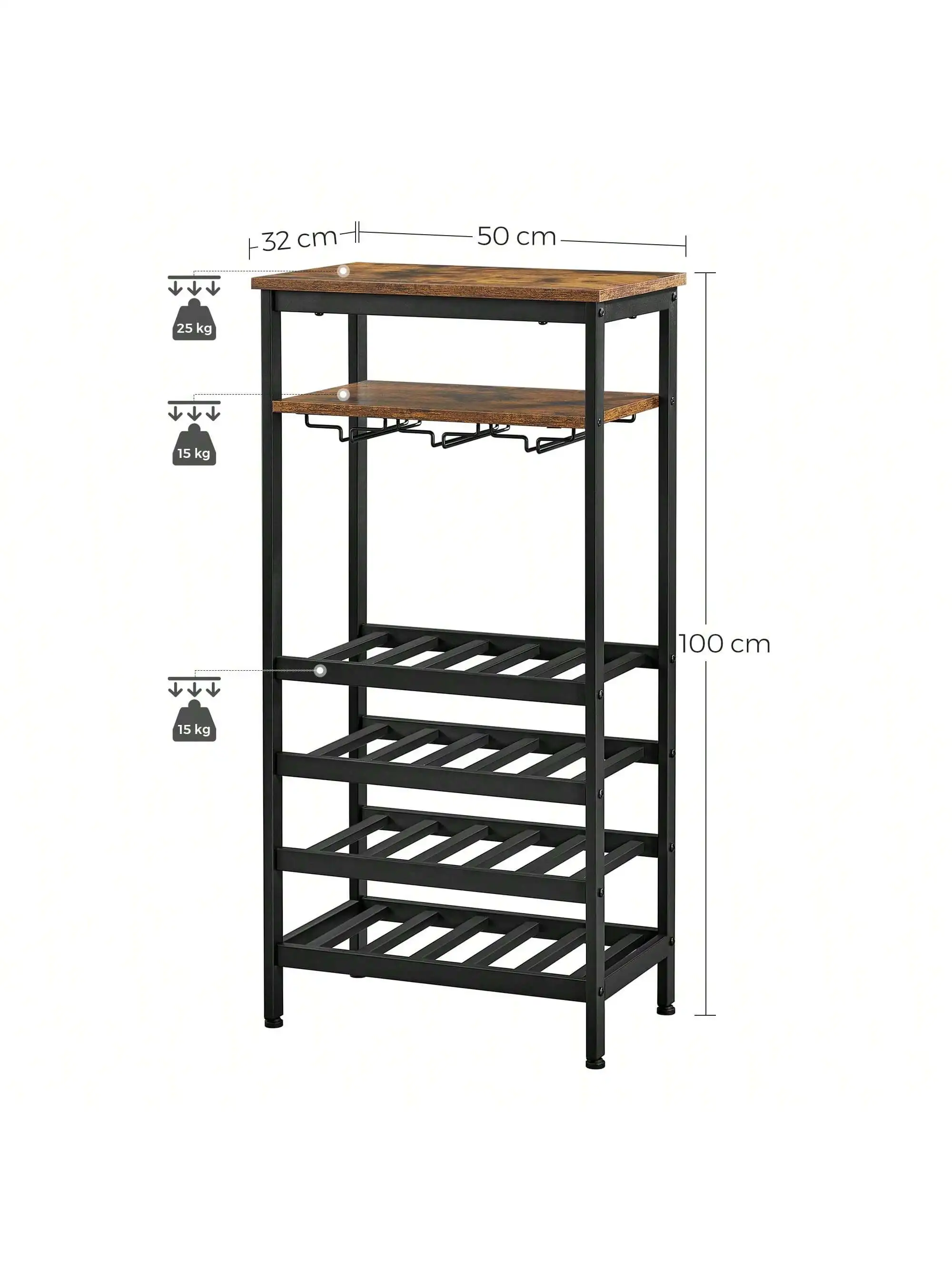 Portabottiglie VASAGLE: 20 bottiglie con portabicchieri, cantina, cucina, sala da pranzo, stile industriale, 50x32x100 cm