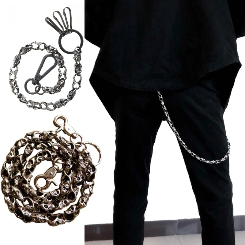 Casual Skull Pant Chain Double Hook Heavy Strong Wallet Chain Punk Skull-Head Chain Metal Keychain Clasp Chain