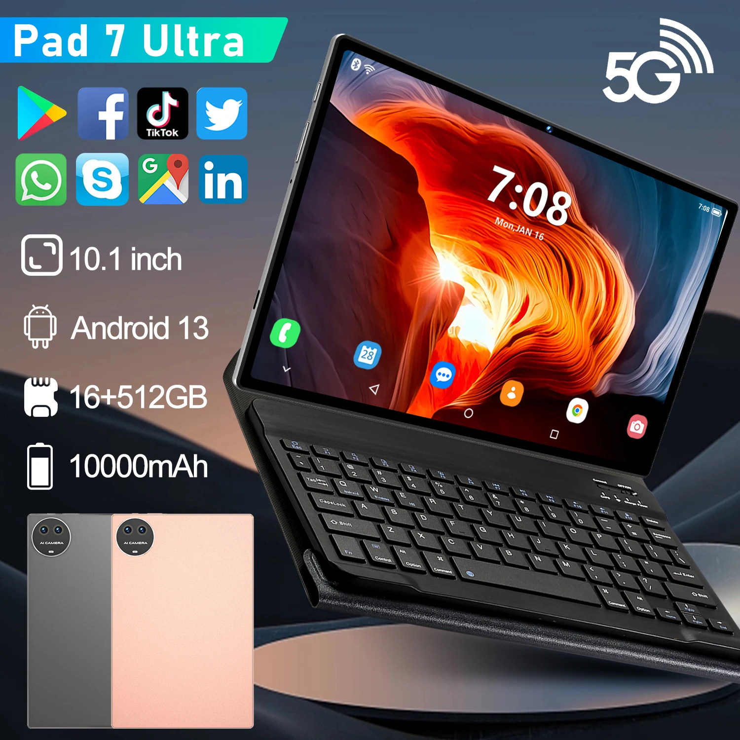 Android 13 Tablet com Octa Core, Chamada Telefônica, Snapdragon 870, PC Original, 5G, Dual SIM, WiFi, 7 Ultra, Tab Crianças, 2 em 1, Versão Global