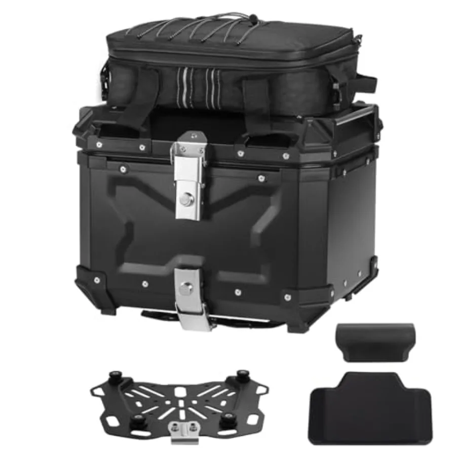 Conjunto de maleta superior para motocicleta para viajes: caja trasera de aluminio impermeable, soporte base, respaldo y bolsa; negro 36L con cerradura de seguridad.