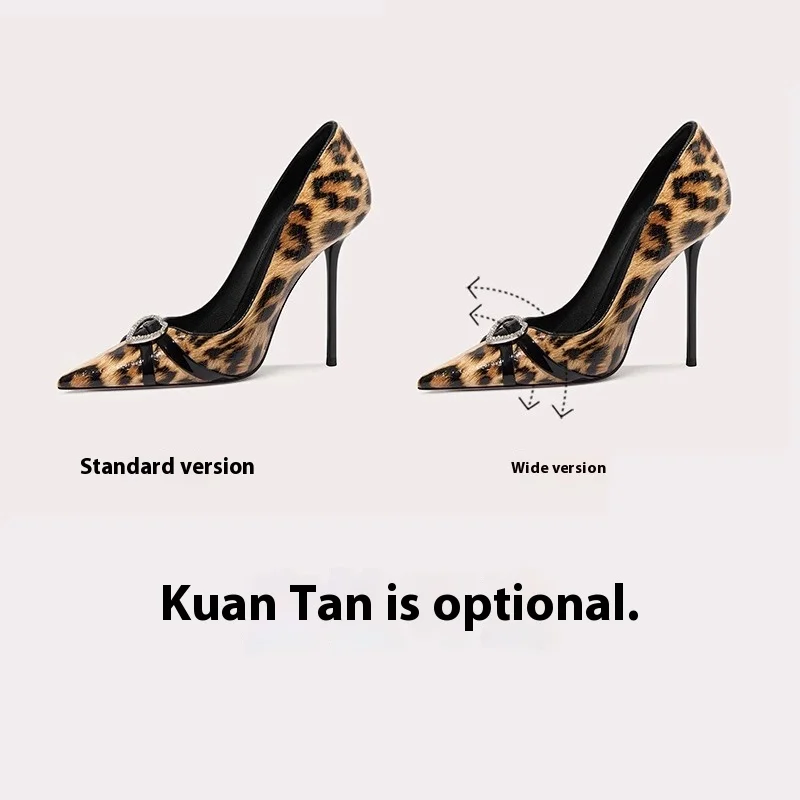 Autumn new pointed leopard print patent leather rhinestone buckle single shoes thin high heel large size small size women's shoe