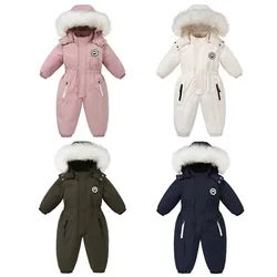 -30 Degree 2024 Kids Winter Jumpsuit Plus Velvet Warm Hooded Children Girls Overalls 1-5 Years Baby Boy Rompers Snowsuit