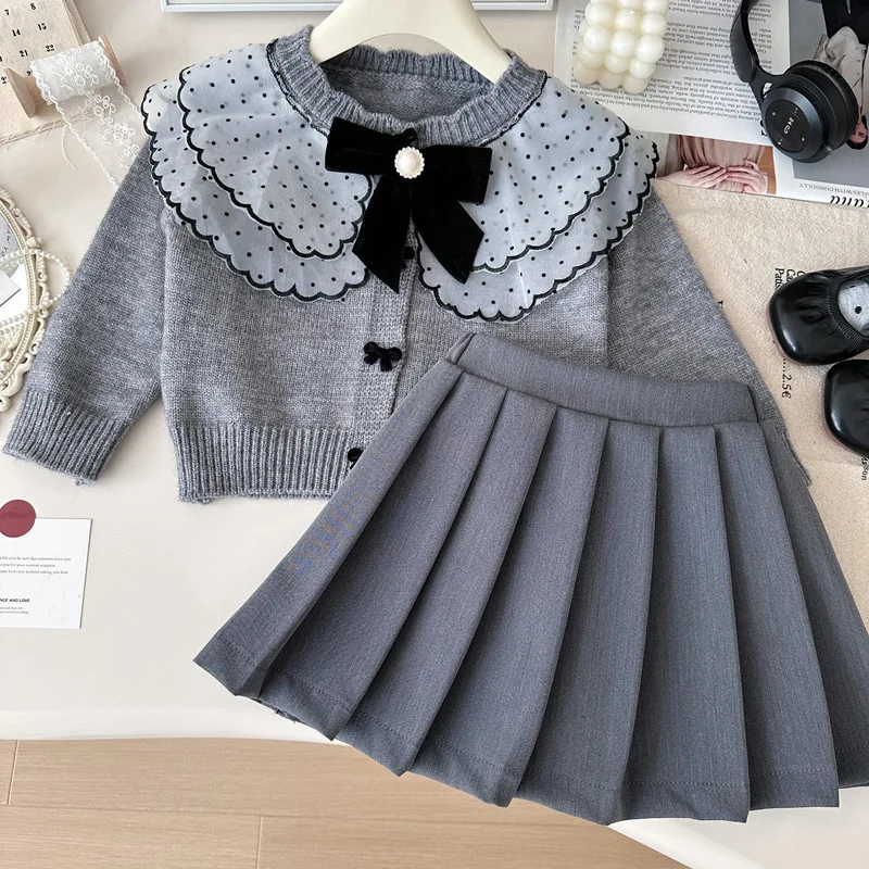 Girls fashionable suit skirt spring autumn new little girl fashion autumn children jumper pleated skirt two-piece set 90-140cm