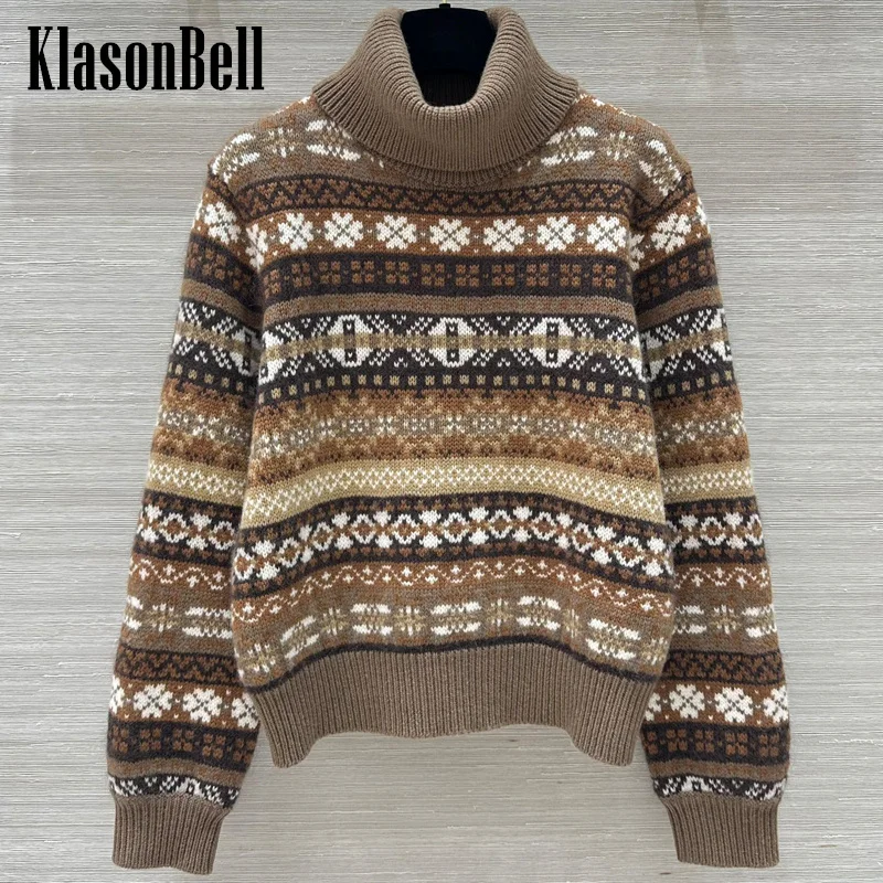 11.22 KlasonBell Autumn Winter Vintage Geometric Jacquard Cashmere Knitwear Turtleneck Keep Warm Basics Short Sweater Women