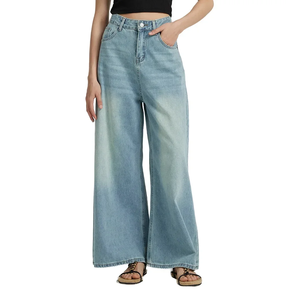 

Women Denim Wide Leg Pants 2025 Streetwear Jeans High Waist Stretch Washed Distressed Pockets Vintage Female Straight Trousers