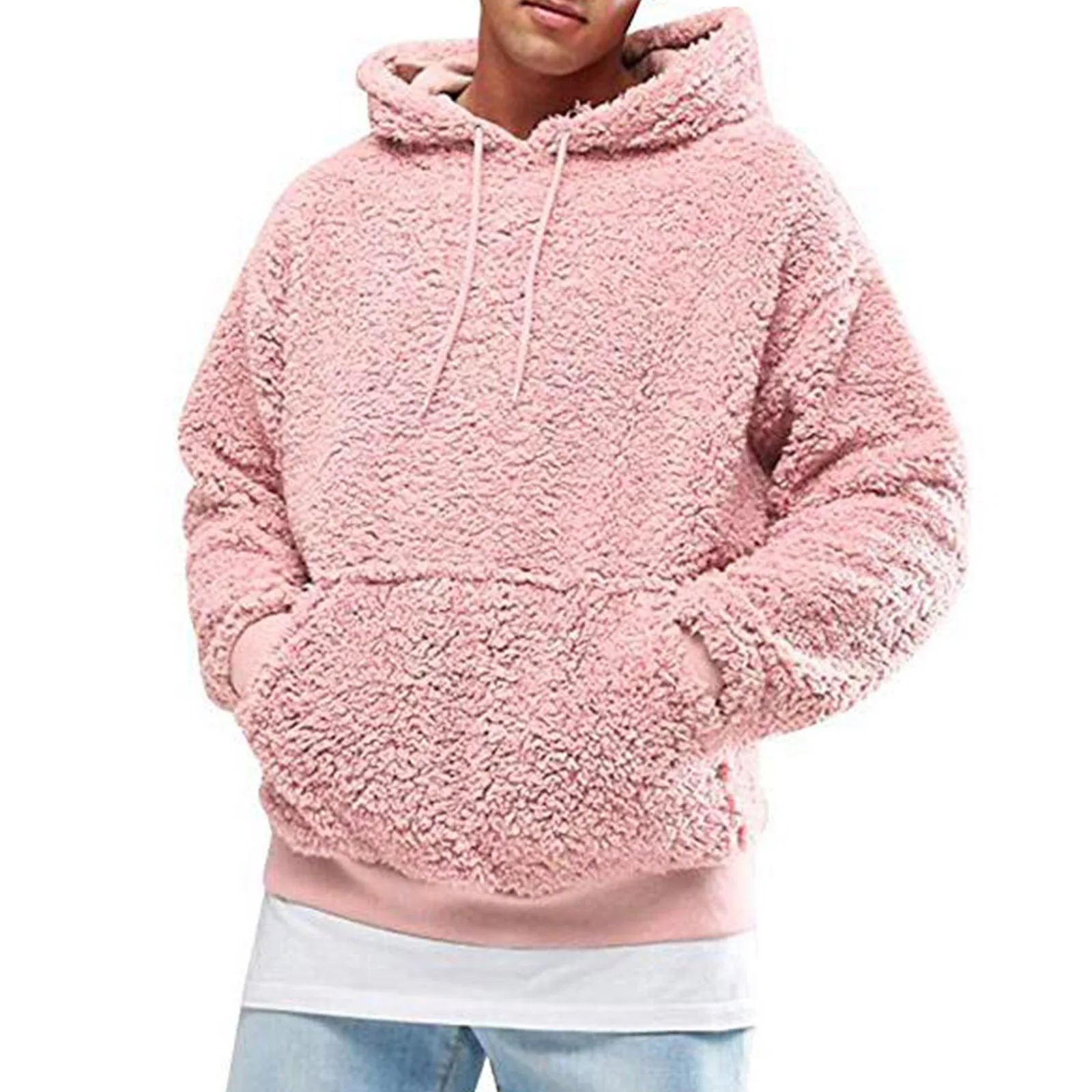 Autumn Winter Men\'s Sherpa Hoodie Fuzzy Pullover Winter Hoodie Polar Fleece Solid Color Hooded Long Sleeves Pullover Sweatshirt