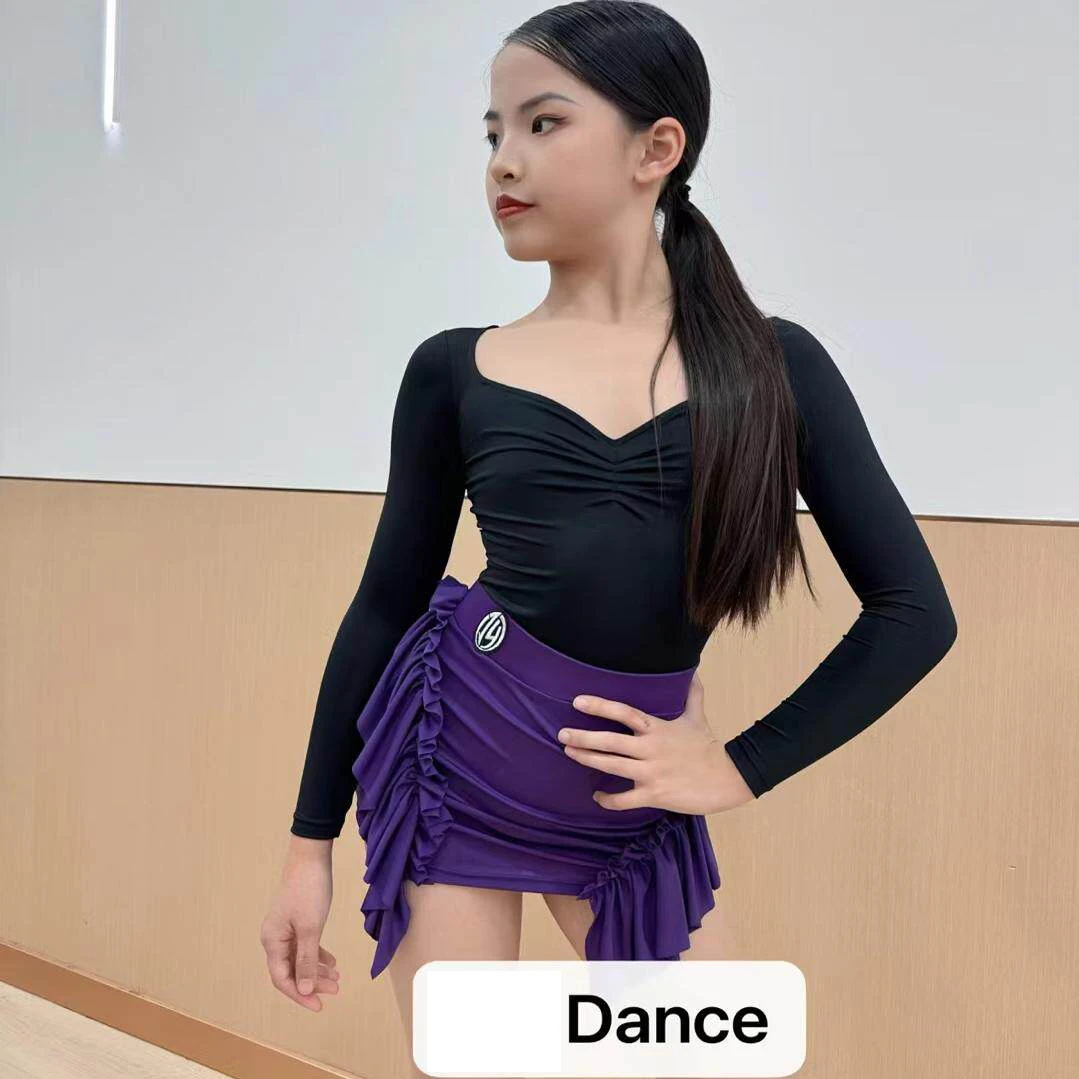 2026 Latin Dance Costumes For Girls Group Black Long Sleeved Shirts Purple Skirts Suit Samba Chacha Latin Dance Clothes DQS21929