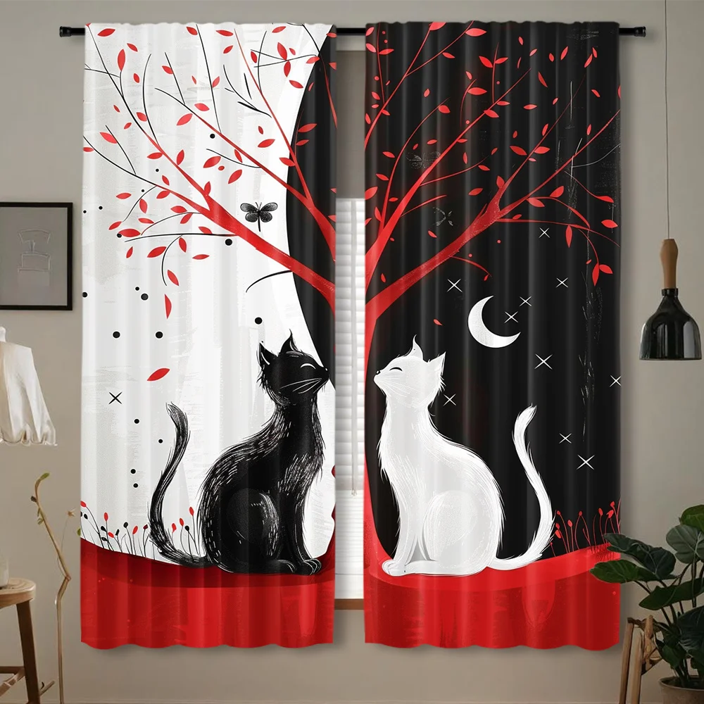 Black White Cat Curtains 2 Panels, Couple Cat Red Branch Moon Black White Contrast Window Drapes for Couple Bedroom Decor
