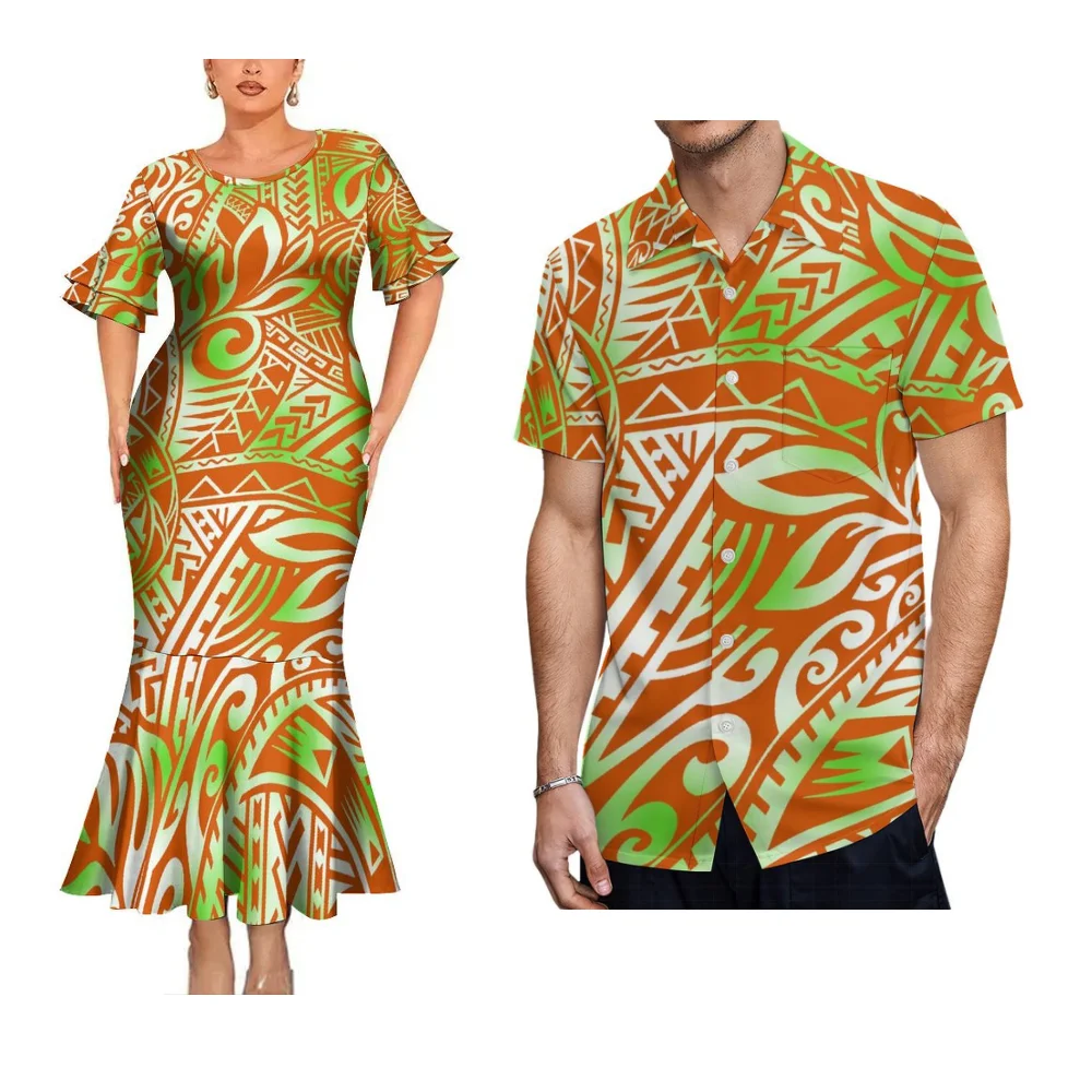 High Quality Polynesian Tribal Vintage Custom Couple Set Women'S Slim-Fit Dress Hawaiian Party Fishtail Dress And Men'S Shirt