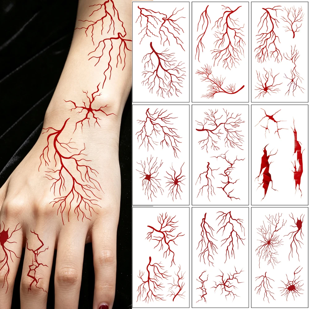 10pcs Vein Pattern Tattoo Stickers Red Vascular Temporary Tattoo for Halloween Body Art Fake Tattoo for Men Women Cosplay Makeup