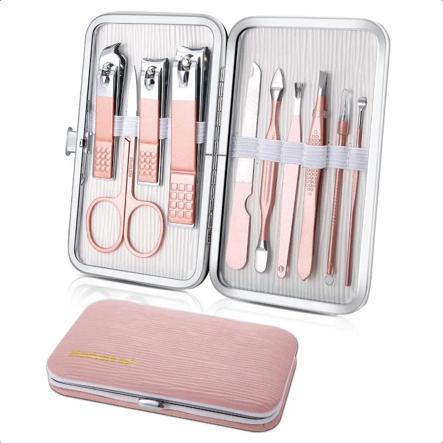 

Manicure Set Travel Mini Nail Clippers Kit Pedicure Care Tools 10pcs Stainl Steel Grooming kit Pink