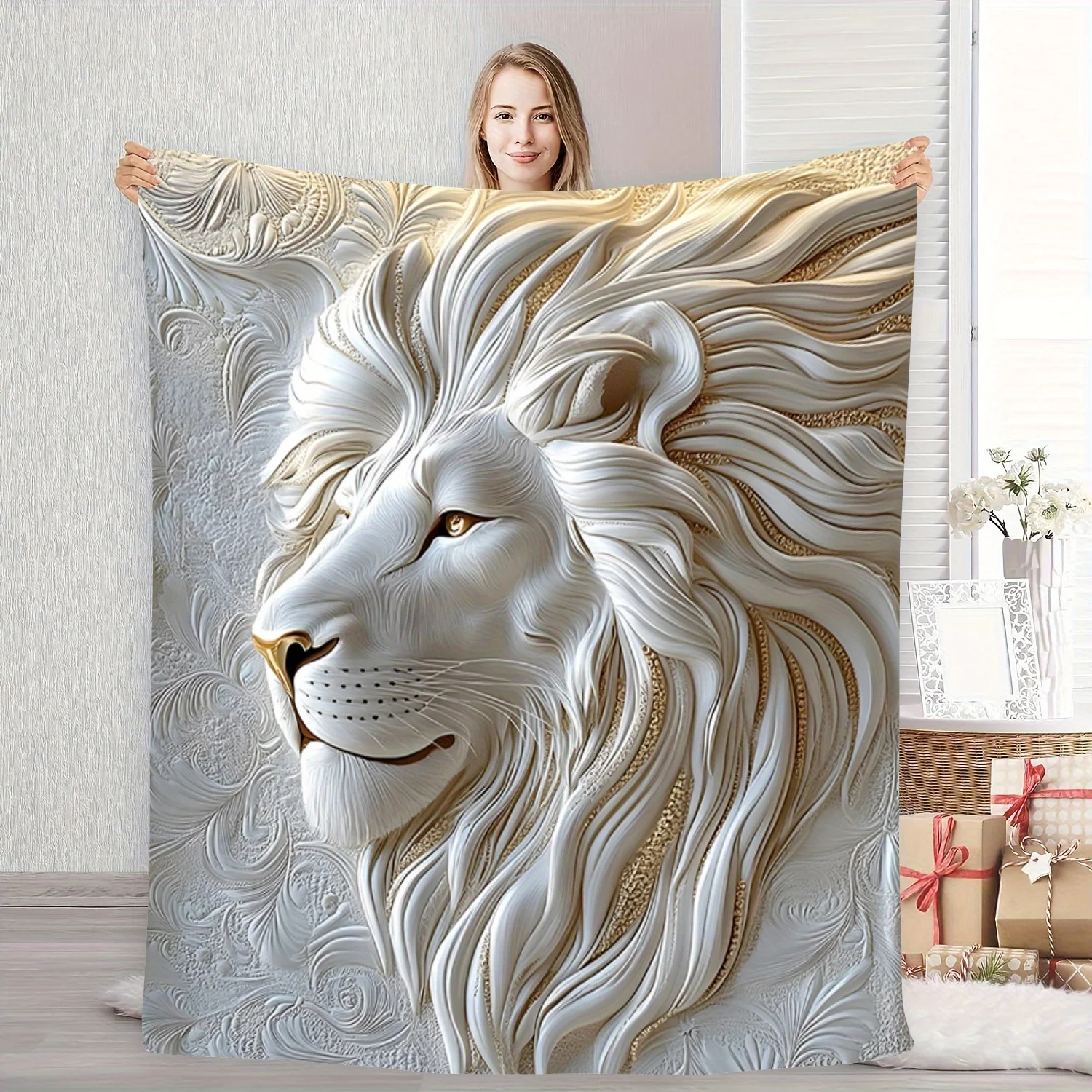 Majestic Lion 3D Blanket, Realistic Golden Mane Design, Plush All-Season Accent Throw, Impressive Animal Lover Gift Idea