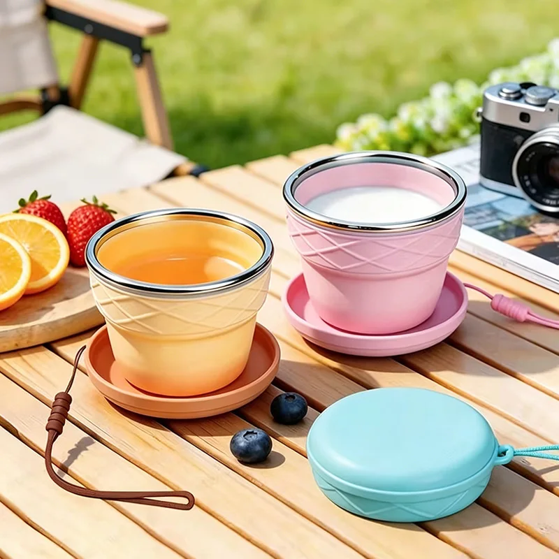 Ice Cream Shaped Collapsible Silicone Cup Portable Foldable Travel Mug with Lid Lanyard Outdoor Camping Hiking Picnic Water Cup