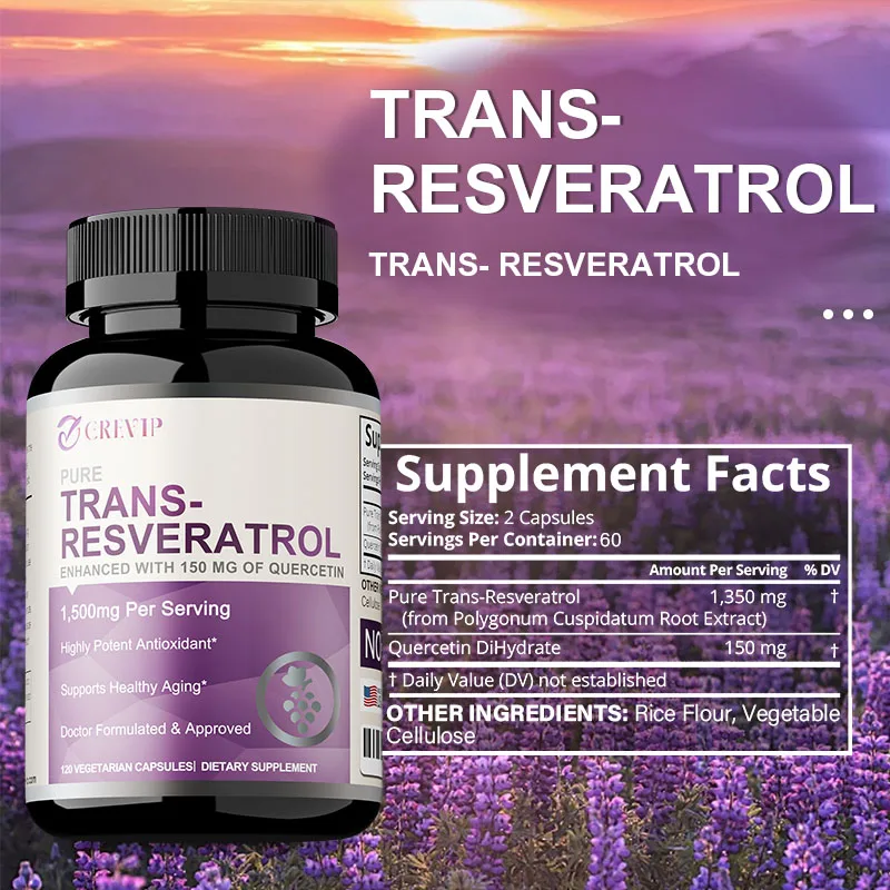 Supplemento Resveratrol 1500 Mg - Senza OGM e Senza Glutine, Trans-Resveratrol Ultrapuro 120 Capsule, Antietà, Antiossidante
