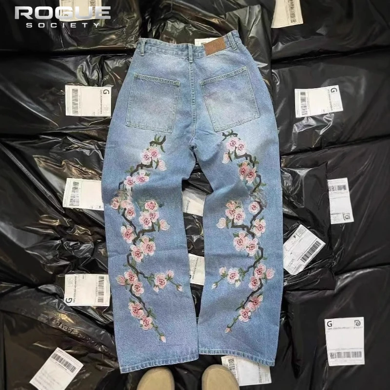 새로운 Y2K 아메리칸 레트로 사쿠라 자수 청바지 유니 - Embroidery Jeans Sakura 리뷰 및 가격