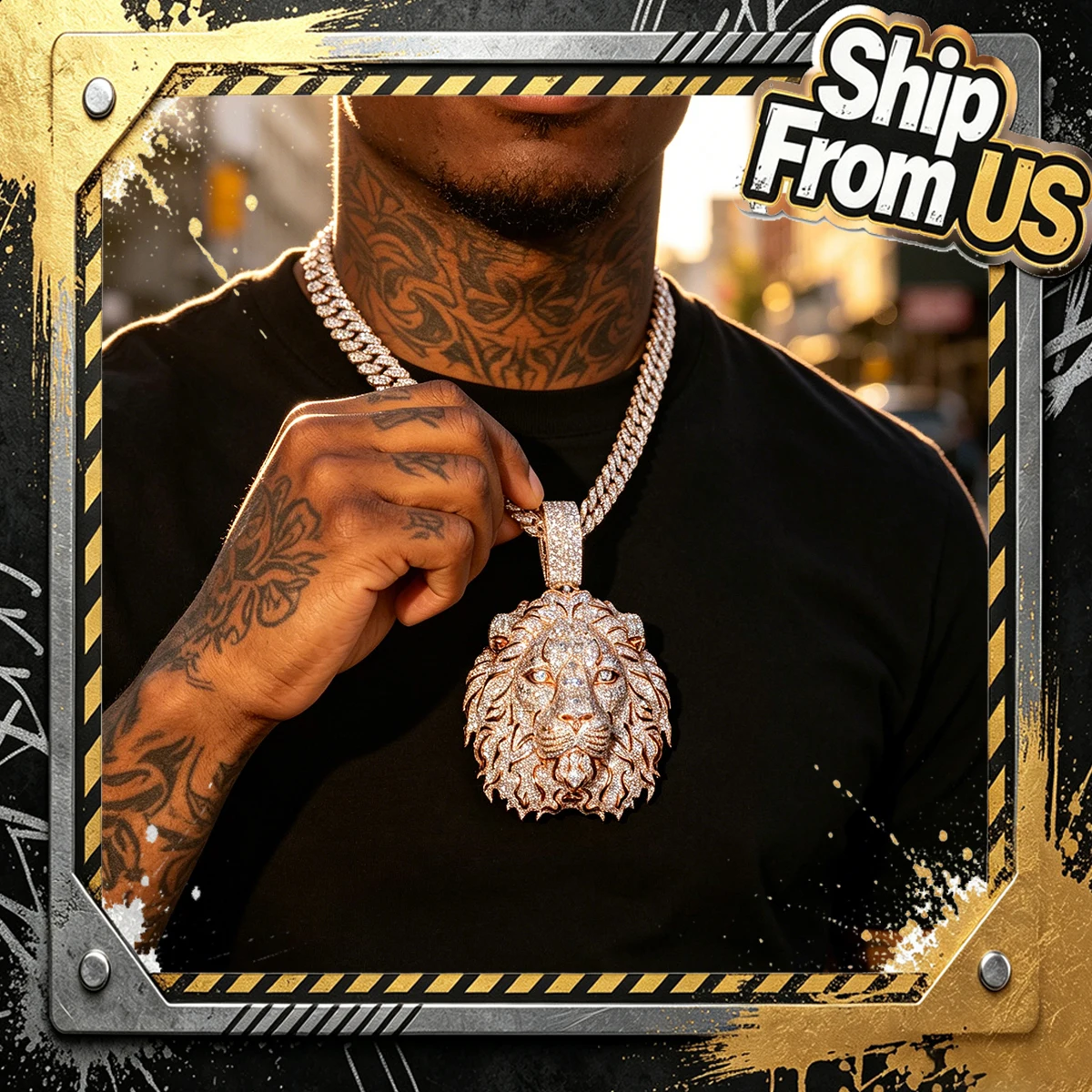 Iced Out Huge Lion Head Pendant Full Diamond Sparkling CZ 18K Rose Gold Plated Hip Hop Statement Jewelry Bling Animal Medallion Charm For Men Trendy Streetwear Accessory Oversized Luxury Necklace Gift For Rapper Party Nightclub Daily Wear Shiny Ornament
