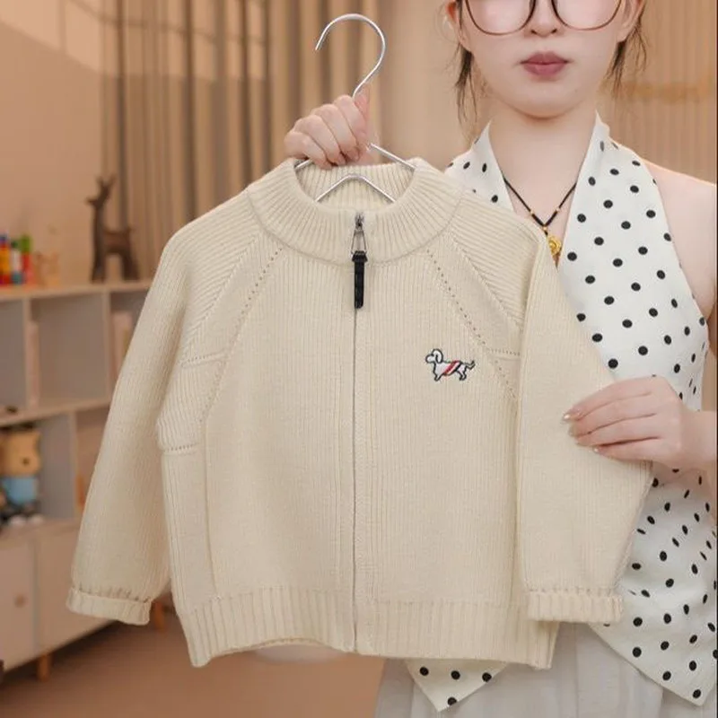 Boys' and girls' embroidered puppy knit sweater, new spring and autumn children's fashion zip-up cardigan jacket