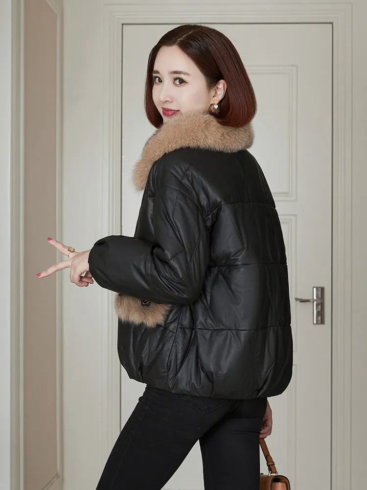 Piumino invernale da donna in vera pelle Collo in pelliccia di volpe Giacca casual ampia vestibilità addensata Capispalla in pelle di pecora da donna stile corto caldo