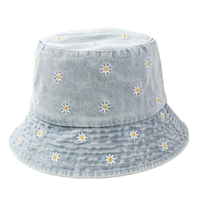 2023 Spring Denim Cartoon Flower Embroidery Bucket Hat Fisherman Hat Outdoor Travel Sun Cap For Girl And Women 158