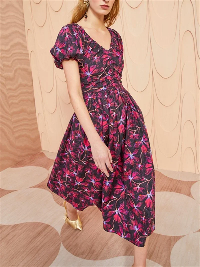 

Dress for Ladies 2023 New Printed V-Neck High Waist Slim Ethnic Style Short Puff Sleeve Long Robe