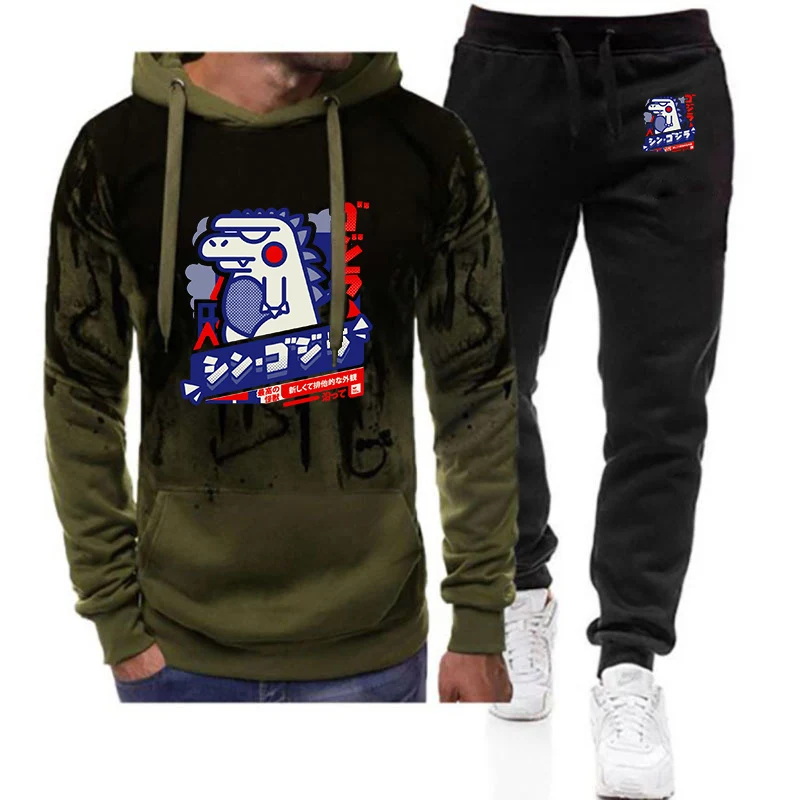 

2026 Harajuku Kawaii Animal Print Men's New Spring And Autumn Gradient Color Pocket Hooded + Pants Two Piece Suit