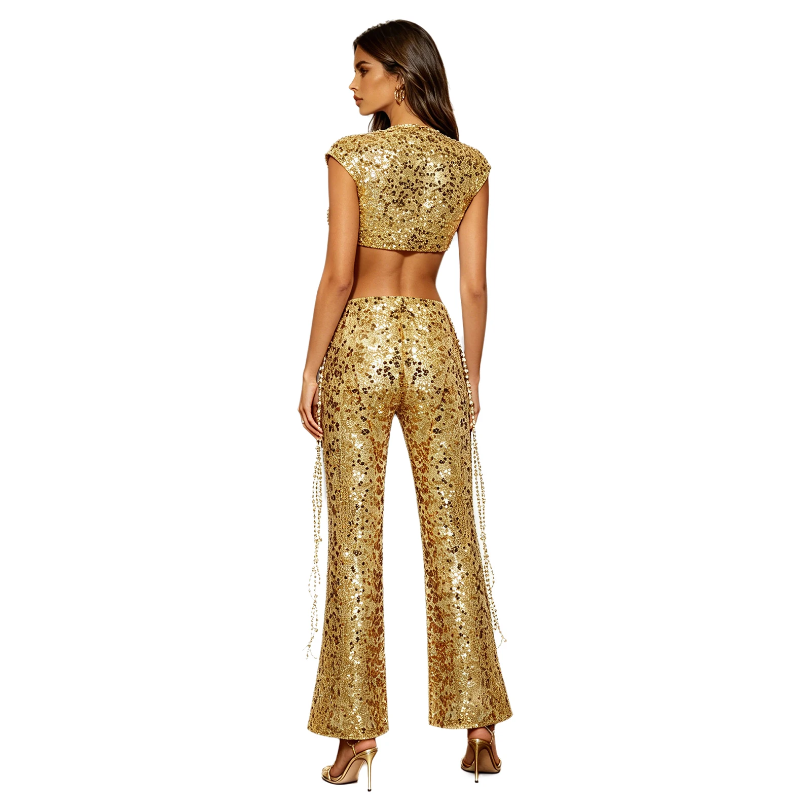 Women Glitter Allover Sequin Party Outfit V Neck Sleeveless Crop Top Wide Leg Long Pants with Waist Chain for Night Party Club