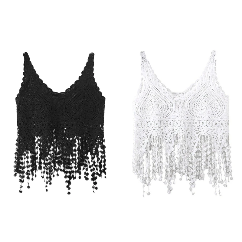 

Women Hollow Out Crochet Crop for Tank Top Knit Heart Lace Long Tassels Camisole Sleeveless See-Through Vest Beach Cover P8DB