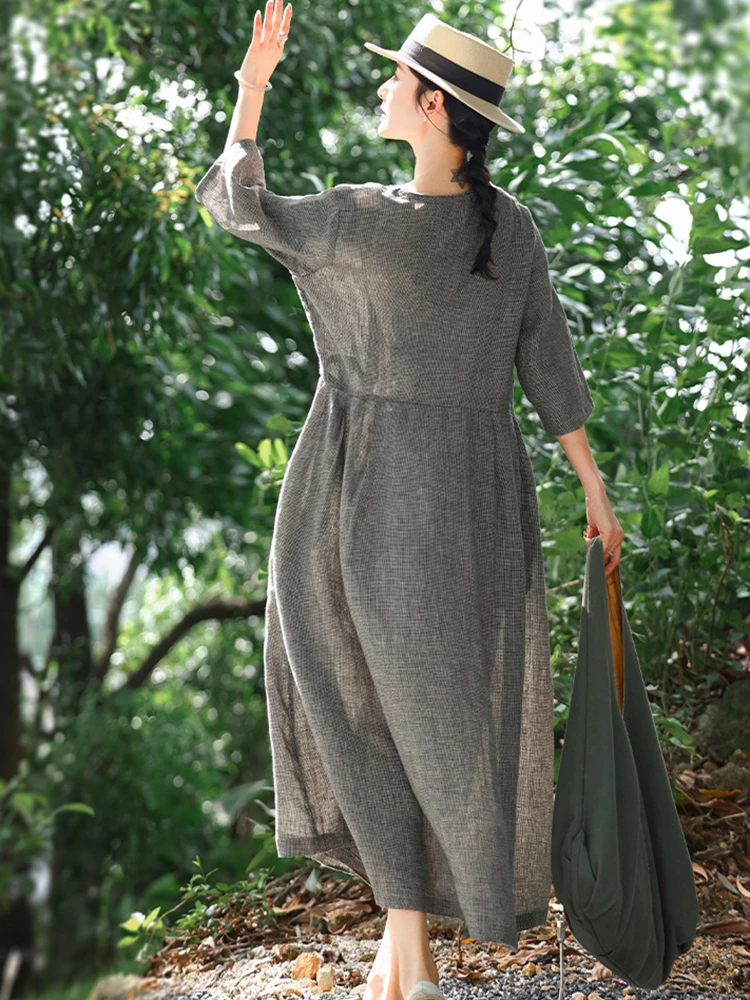 High Quality Women Casual Linen Dress New Arrival 2025 Summer Vintage Style  V-neck Plaid Loose Ladies A-line Long Dresses M1311 - AliExpress 200000345