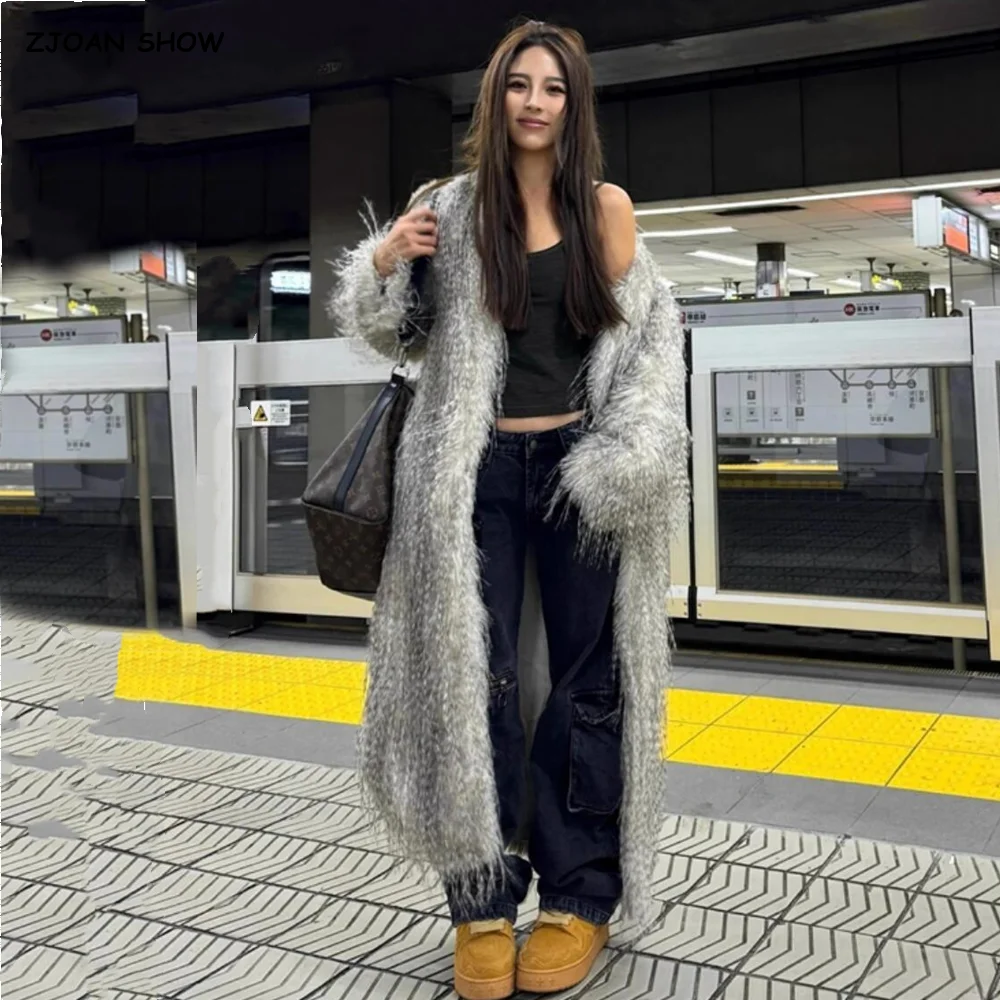 High quality Winter Gradual Gray 3 inched Long Hairy Faux Peacock Fur Ex-Long Coat Women Loose Shaggy Jacket Vintage Outerwear