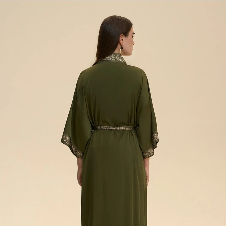 2026 New  Long Robe Women's Light Luxury Cardigan Bathrobe Summer Solid Colour Lace Trim Nightgown Ladies' Loungewear Pajama