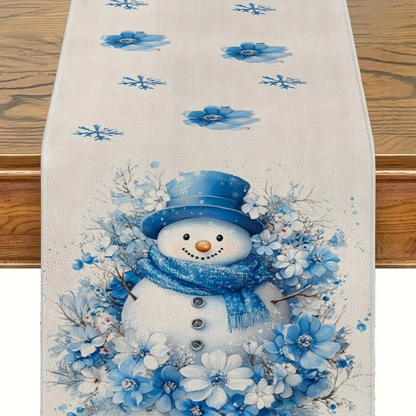 

Christmas Snowman Blue Floral Linen Table Runner Party Decor Winter Snowflake Kitchen Dining Table Runners Christmas Decorations