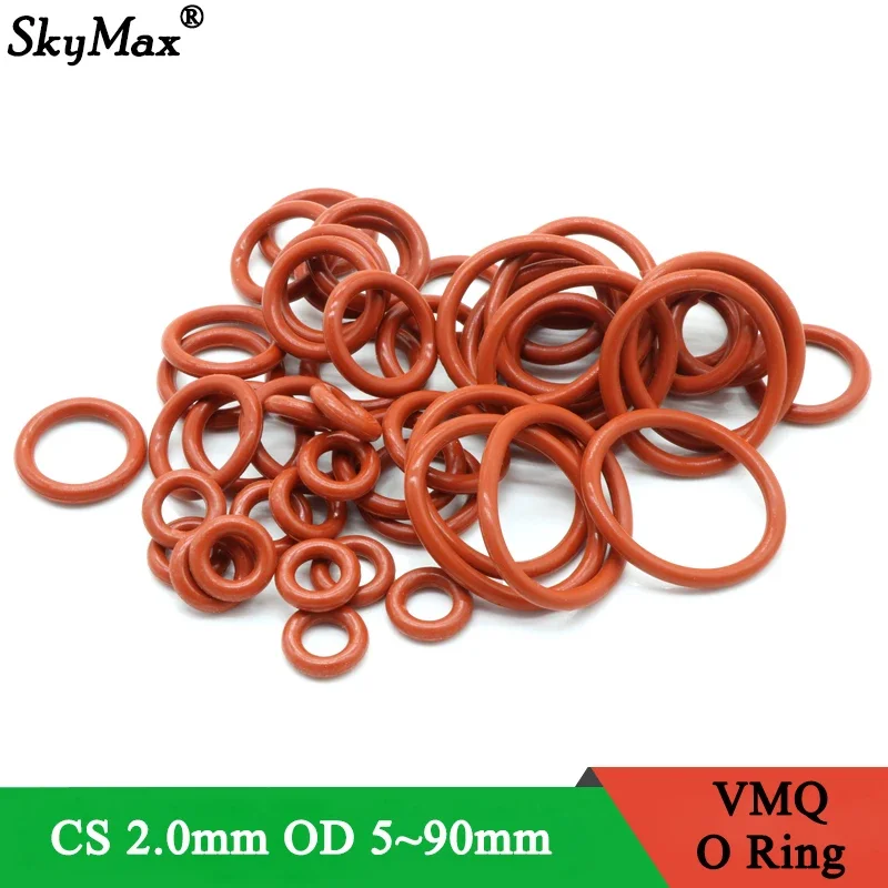 10Pcs VMQ O Ring Seal Gasket Thickness CS 2mm OD 5 ~ 90mm Silicone Rubber Insulated Waterproof Washer Round Shape Nontoxi Red