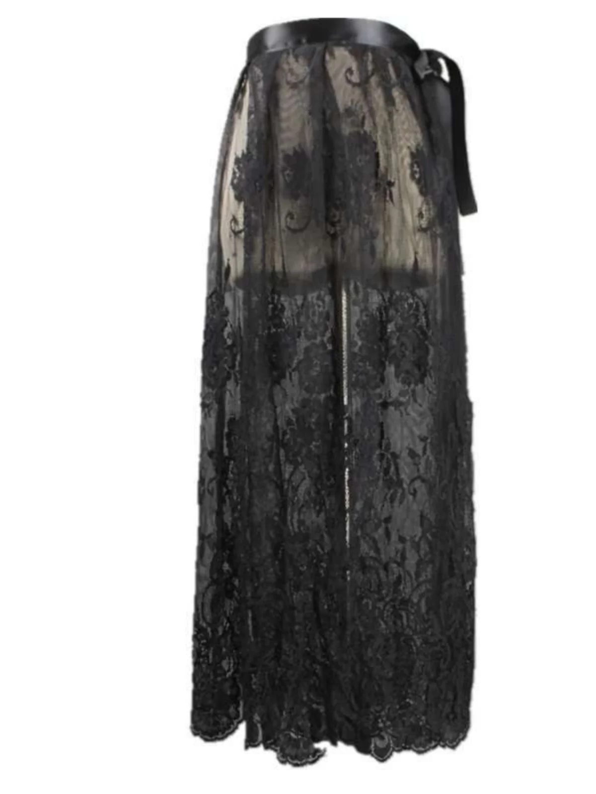 One-Piece Lace Trim Mesh Half Skirt Women's Spring Autumn Transparent Single Layer Gown Summer Outer Cover Belted Skirt