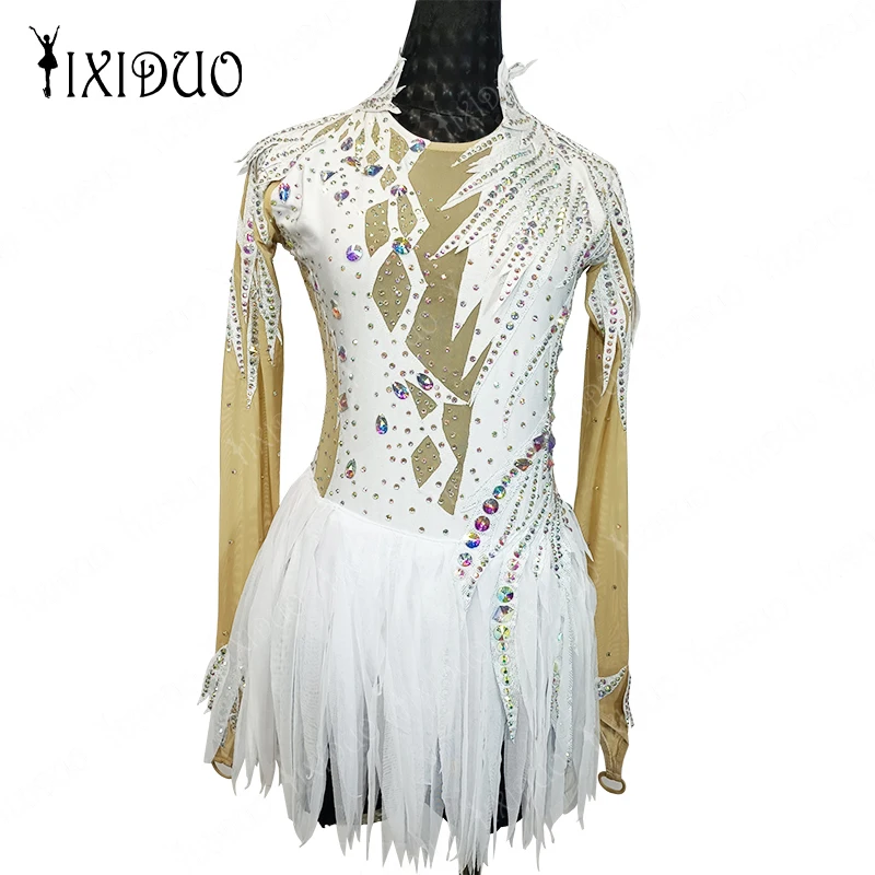 Classic Figure Skating Dress Women's 2023 New Ice Skating Competition Training White Long Sleeve Hand-made Rhinestones Dress