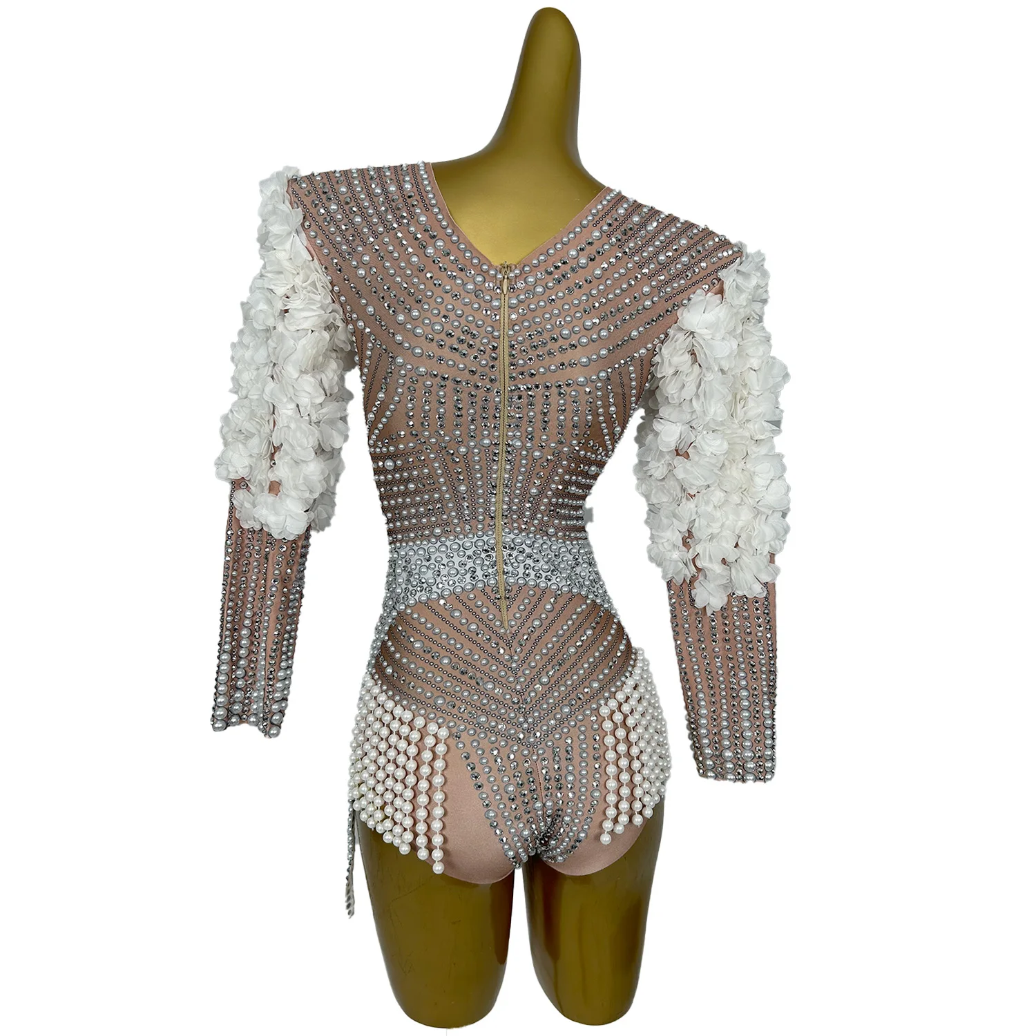 Baihuaxiu Sparkly Luxury Pearls Bodysuit Women Sexy Rhinestone Flowers Stage Singer Outfit Nightclub Performance Dance Costume