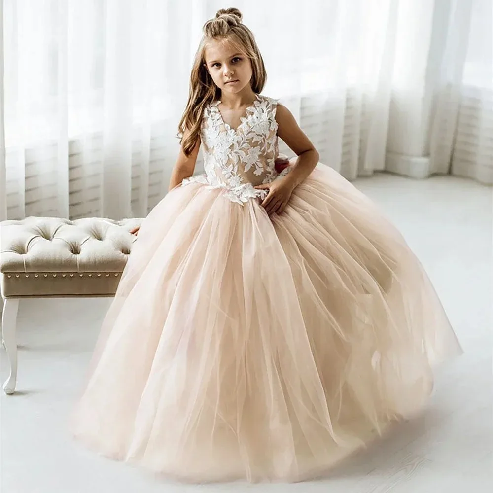 فساتين فتاة الزهور بدون أكمام لحفلات الزفاف مزينة بالدانتيل وحفلات أعياد الميلاد للفتيات الصغيرات فساتين التواصل الأول حسب الطلب
