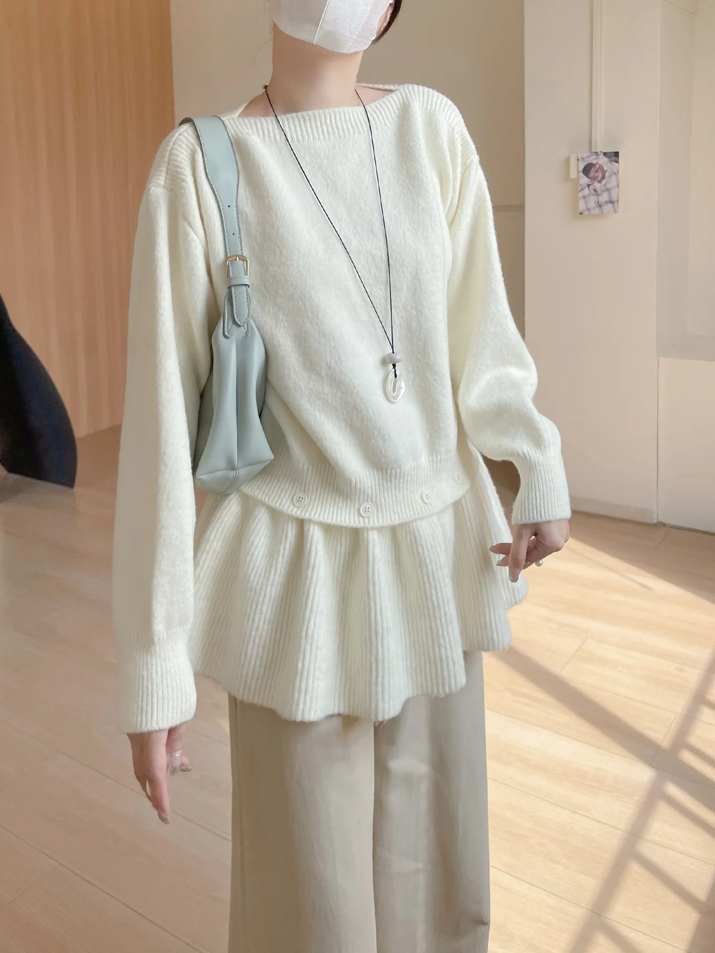 

Loose Fit Knitted Sweater Waist Cinched Detachable Autumn Winter Design Wood ain Top Women's Faion Commute Sle