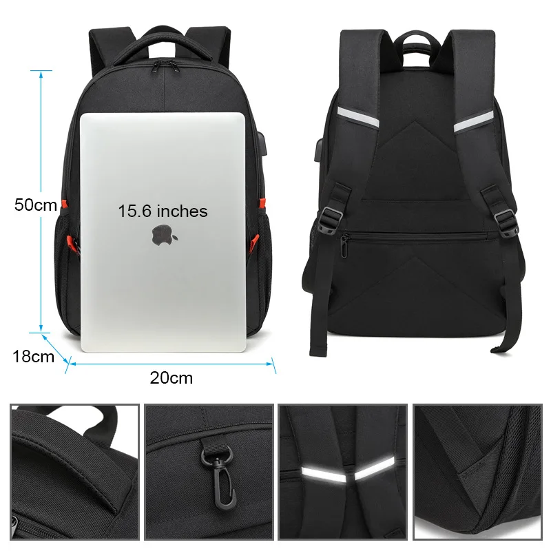 High Quality 15.6'' Laptop Oxford Women Men Travel Backpack with USB Port & Reflective Stripe School Bag Black Large Capacity