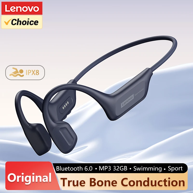 Écouteurs à conduction osseuse étanches IPX8 Lenovo S106, Bluetooth 6.0, casque MP3 avec mémoire intégrée de 32 Go, casque sport sans fil avec micro