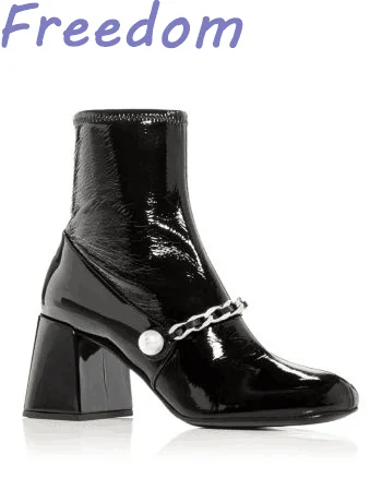 

Black patent leather pearl metal chain niche short boots for women thick heel square toe high heel elastic slim boots