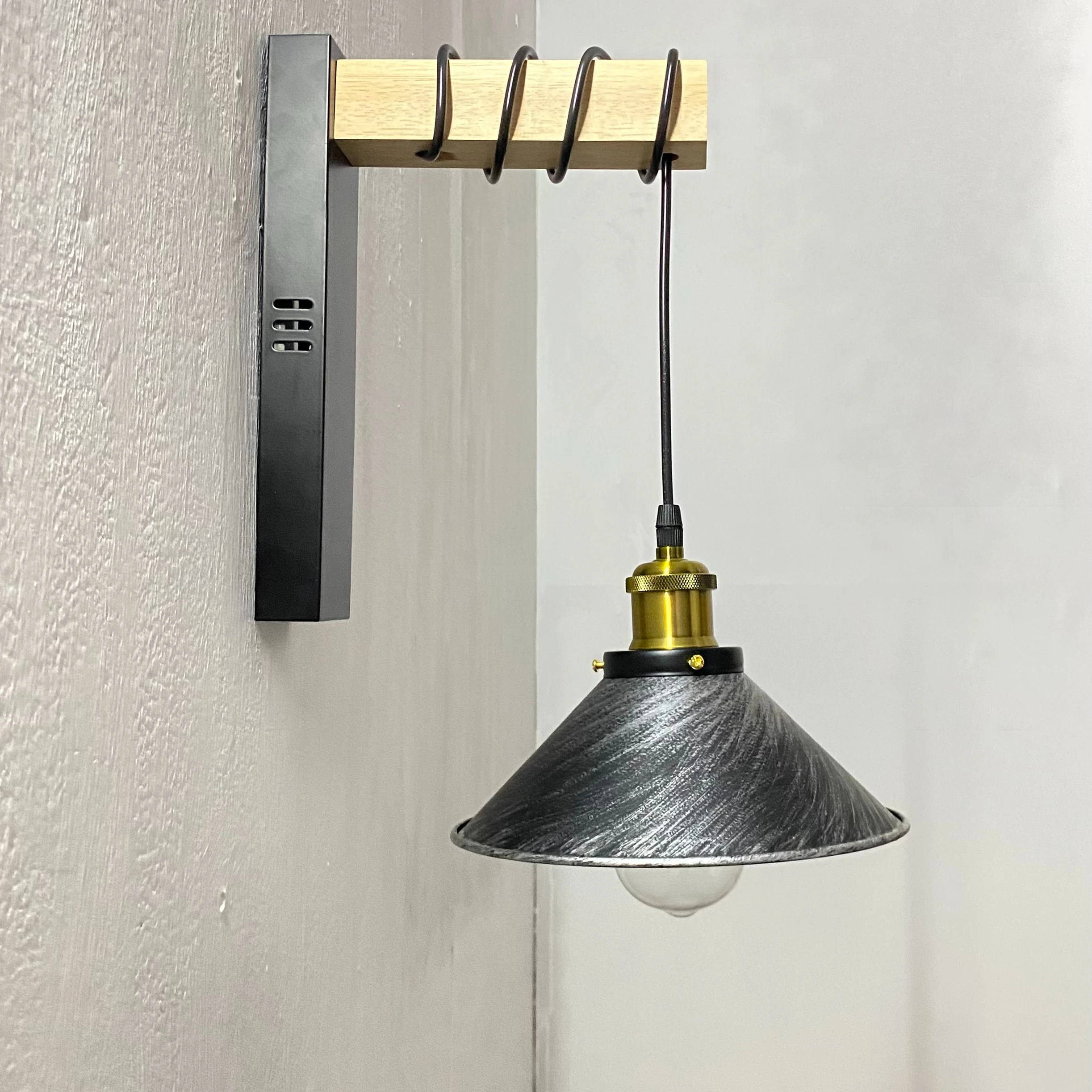 

Bronze Wall Sconce Lamp Vintage Iron Lampshade Wall Light E27 Fitting for Bedroom Home Decoration with Wood Body