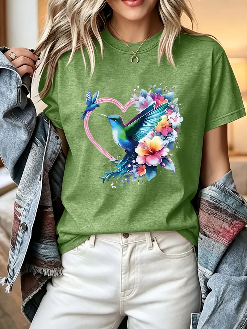 Retro Hummingbird Floral Heart Print T Shirt Colorful Bird Flower Heart Graphic Tee Casual Crew Neck Short Sleeve Lover Daily