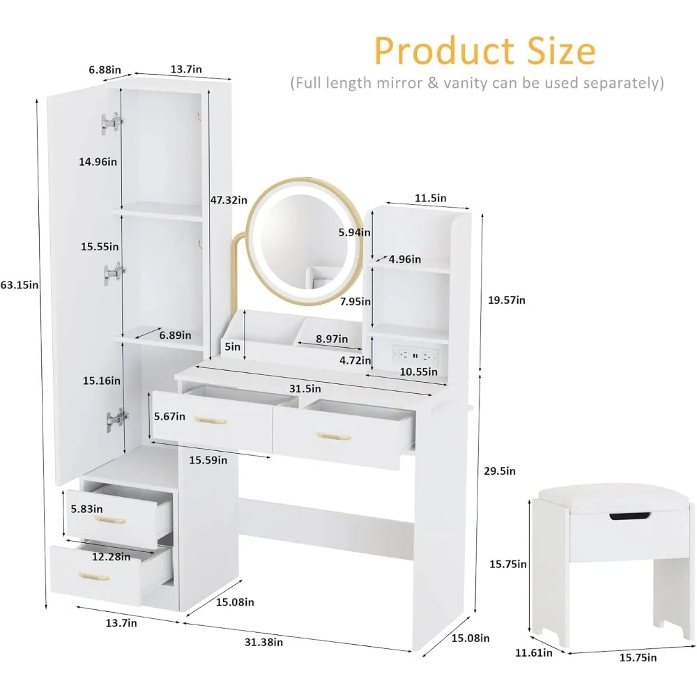 White Vanity Desk with Mirror and Lights & Full Length Mirror, Vanity Mirror with Lights Desk and Chair & Charging Station