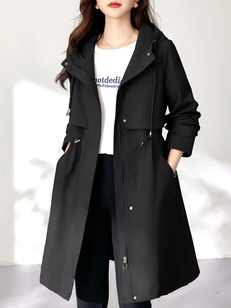 Long Hooded Drawstring Waist Windbreaker Slim Korea Abrigos New Fashion Trench Coats Women Outerwears Elegant Gabardina Casaco