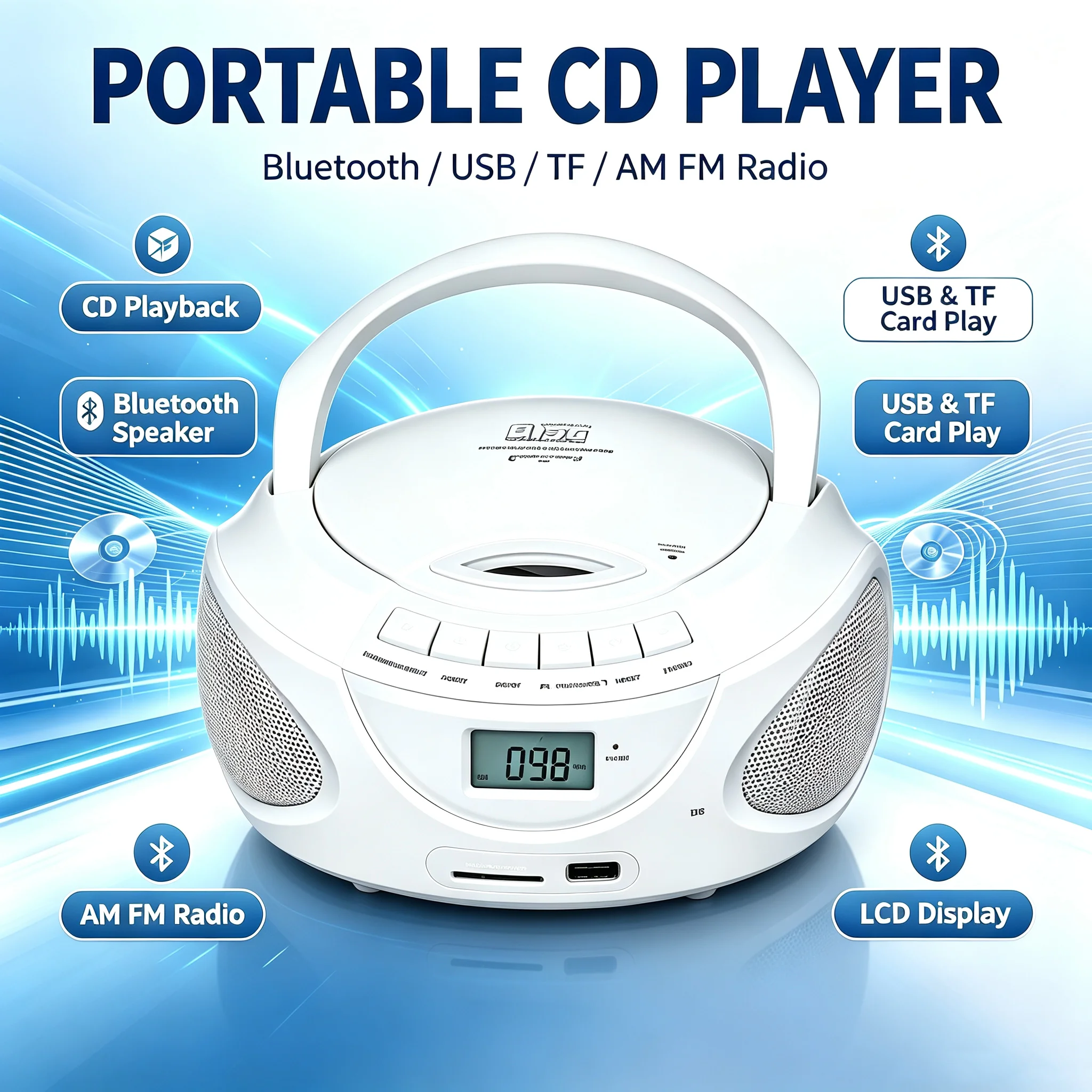 Multi functional portable CD player  USB TF card player Bluetooth player  AM/FM radio player